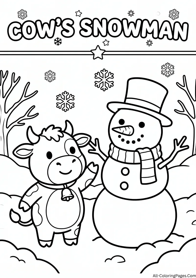Cow standing beside a snowman with a top hat, scarf and carrot nose among bare trees, with the title Cow's Snowman