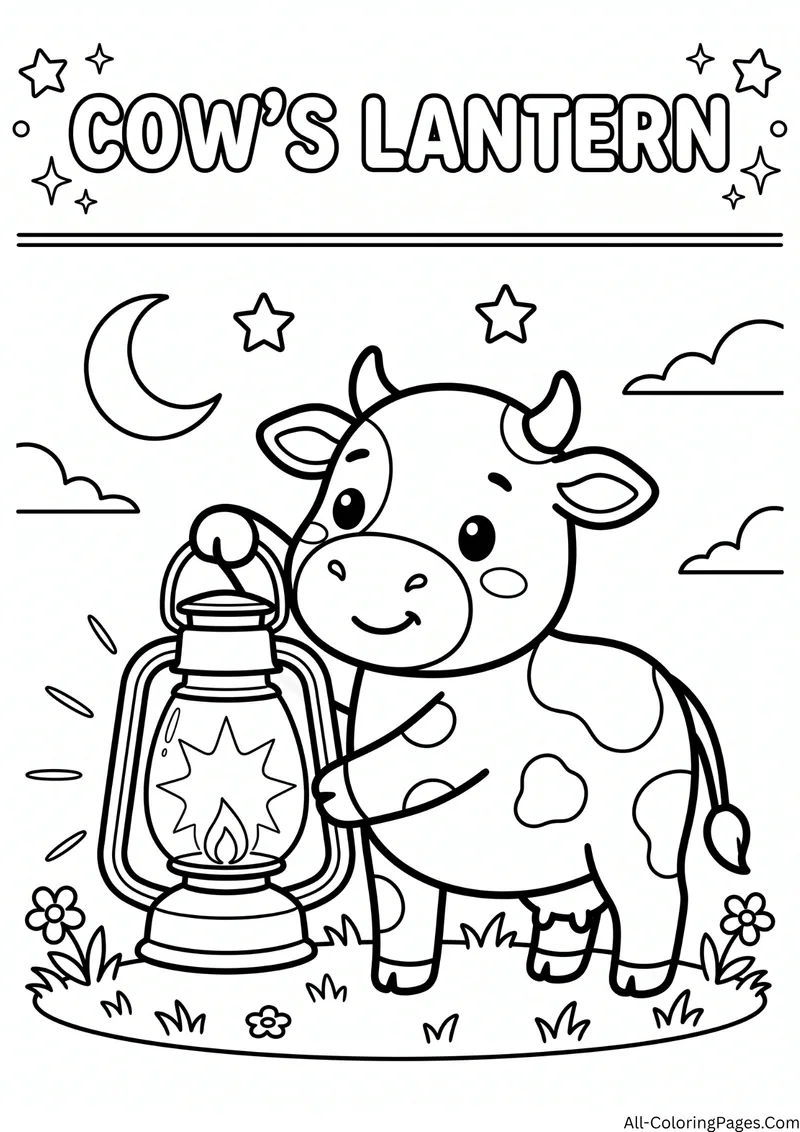 Cow standing beside a lantern under a crescent moon and stars, with the title Cow's Lantern