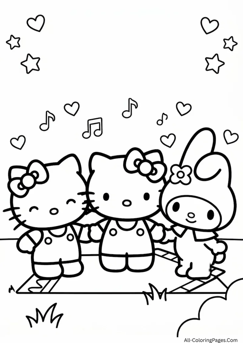 Hello Kitty standing between two friends, including My Melody in a hooded outfit, on a picnic blanket under music notes