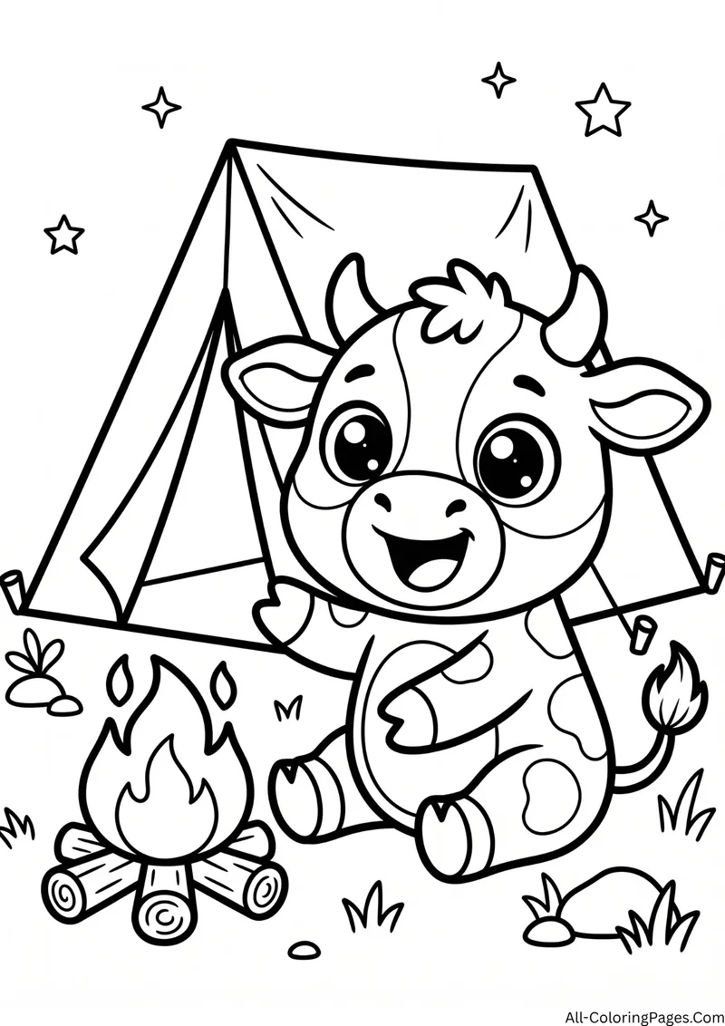 Cow sitting beside a campfire in front of a tent with stars