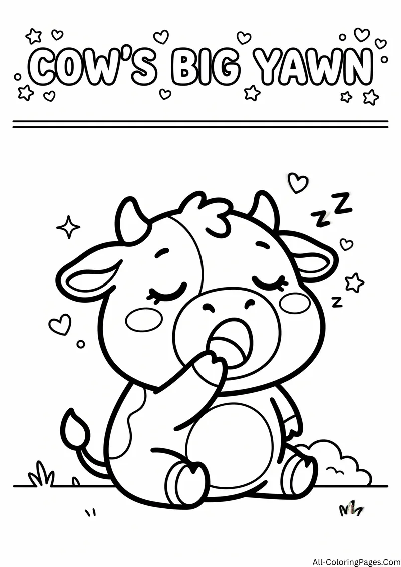 Cow yawning with closed eyes and Z letters floating above, with the title Cow's Big Yawn