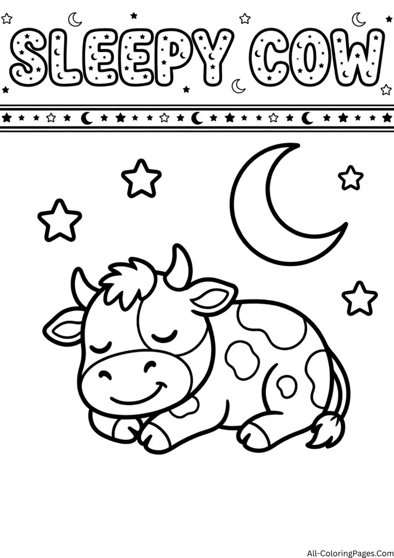 Cow sleeping curled up under a crescent moon and stars, with the title Sleepy Cow