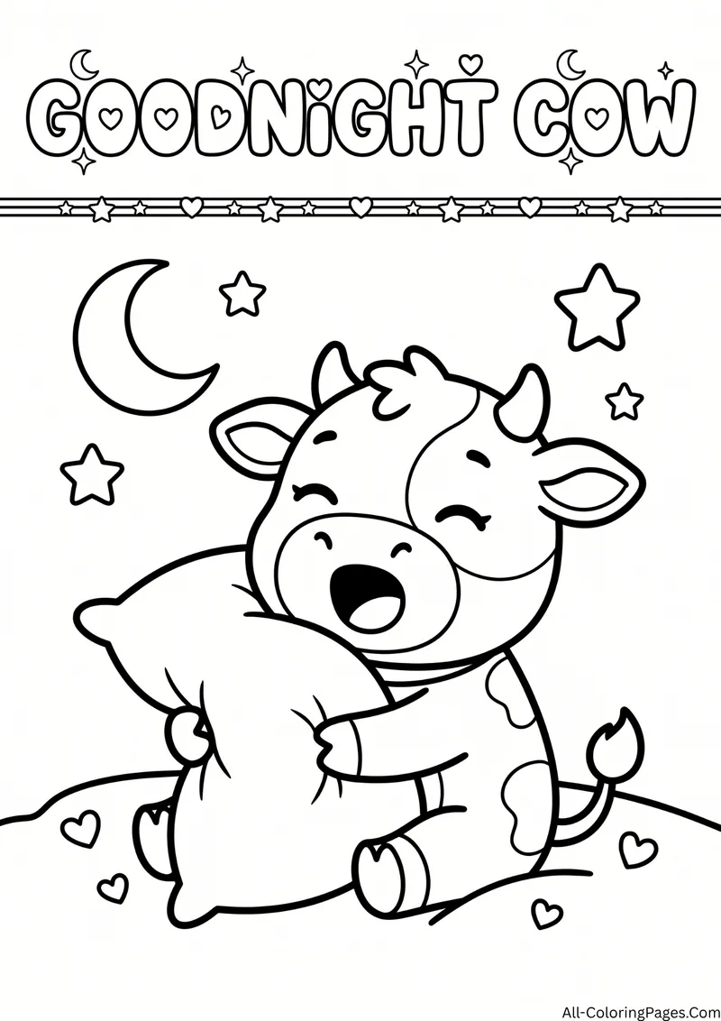 Cow hugging a pillow under a crescent moon and stars with hearts, with the title Goodnight Cow