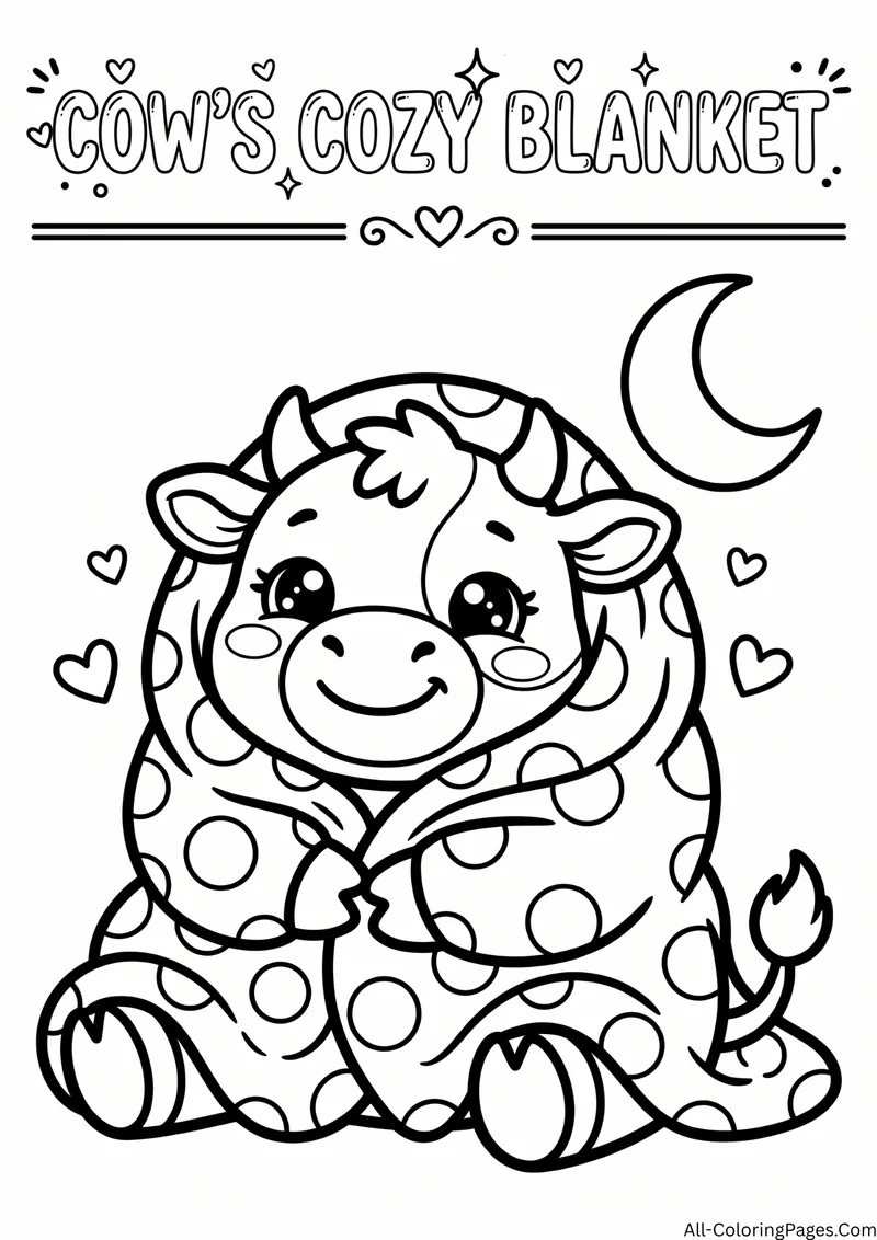 Cow wrapped in a polka dot blanket under a crescent moon with hearts, with the title Cow's Cozy Blanket