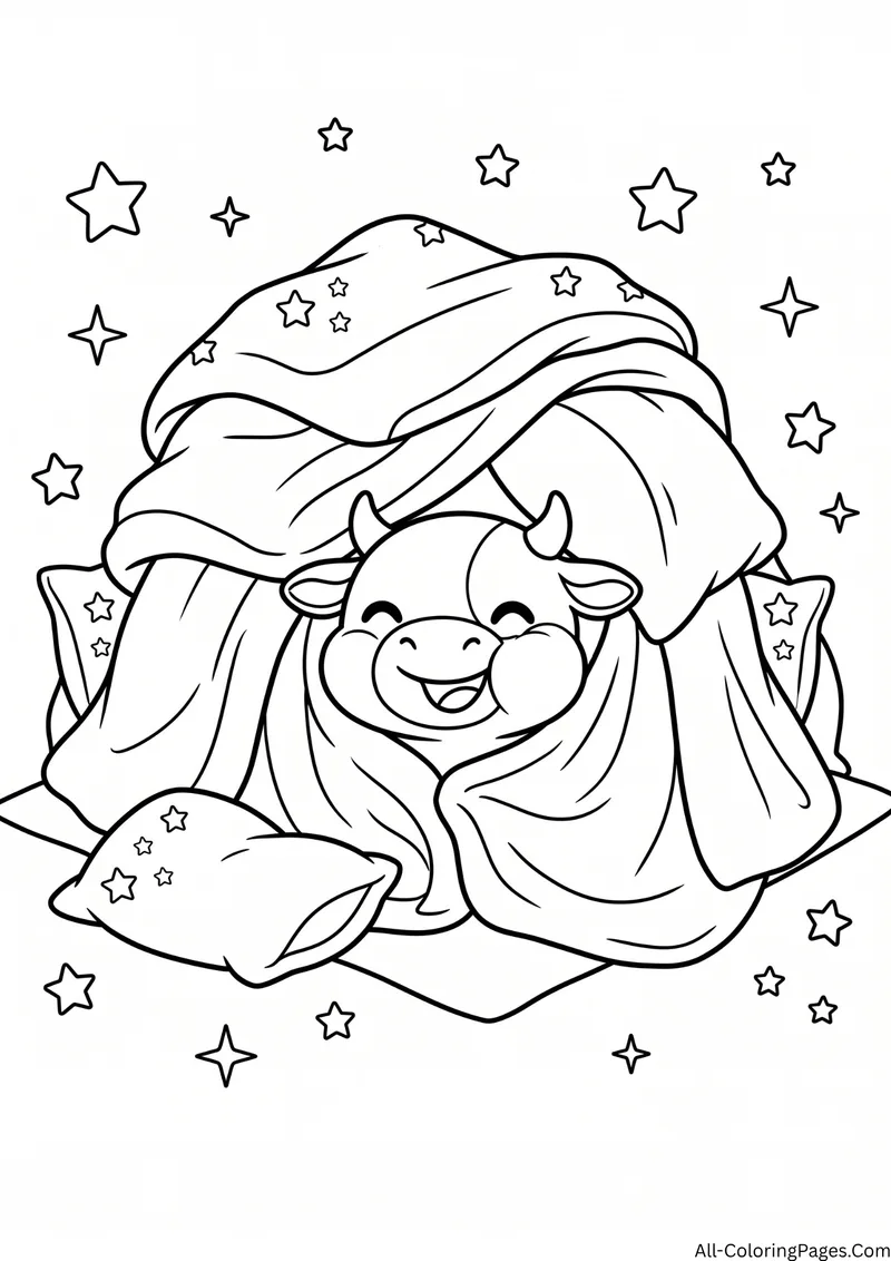 Cow peeking out of a pillow and blanket fort with stars around it