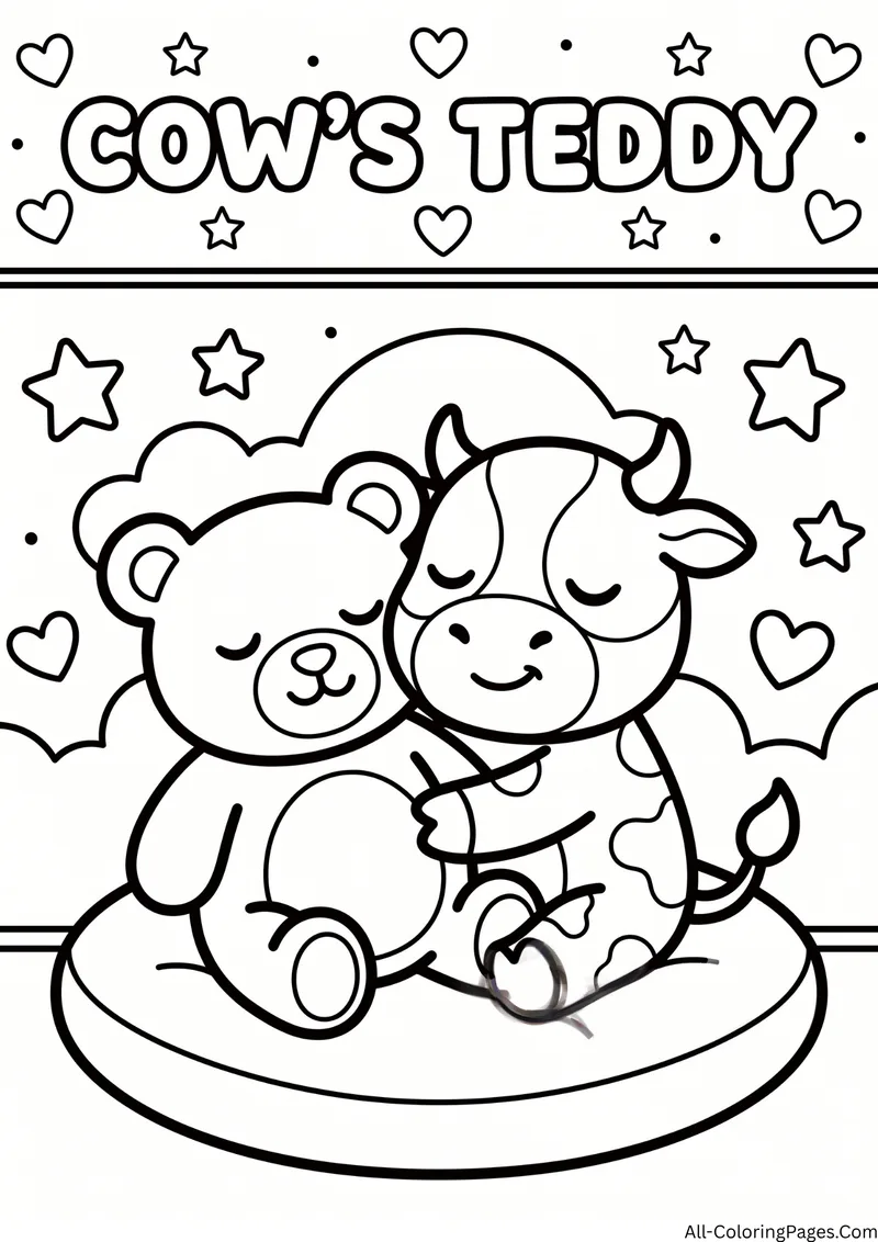 Cow hugging a teddy bear on a cushion with stars and hearts, with the title Cow's Teddy