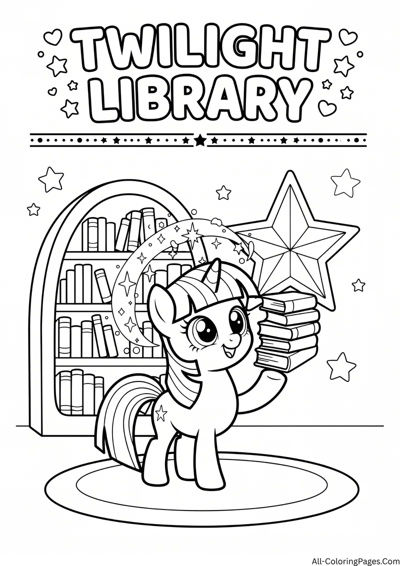 Twilight Sparkle unicorn holding a stack of books beside a bookshelf and a big star, with the title Twilight Library