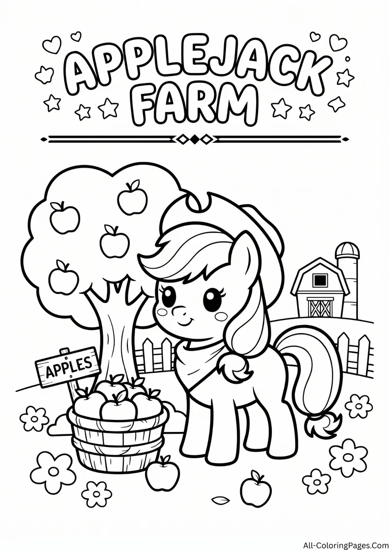 Applejack pony wearing a cowboy hat next to an apple tree, a bucket of apples and a barn, with the title Applejack Farm