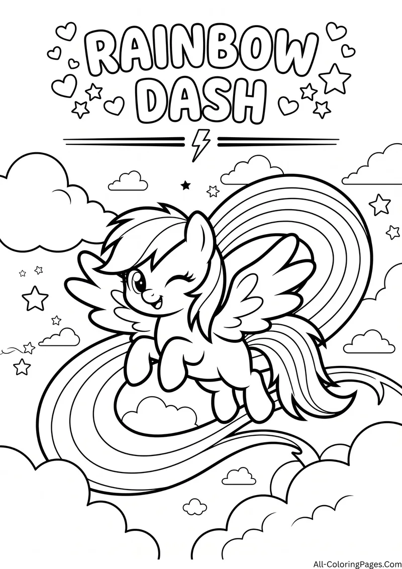 Rainbow Dash pegasus pony flying and winking with a rainbow trail and clouds, with the title Rainbow Dash