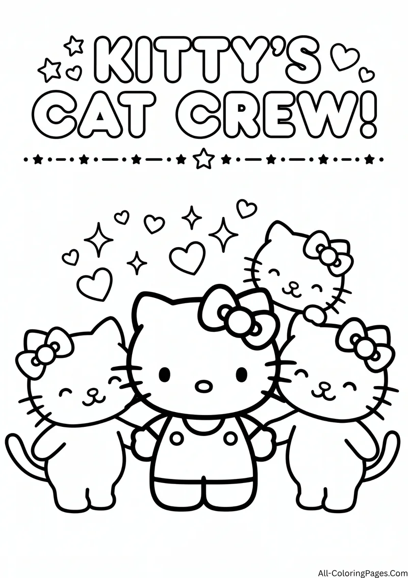 Hello Kitty standing with three smiling kittens wearing bows under hearts and sparkles