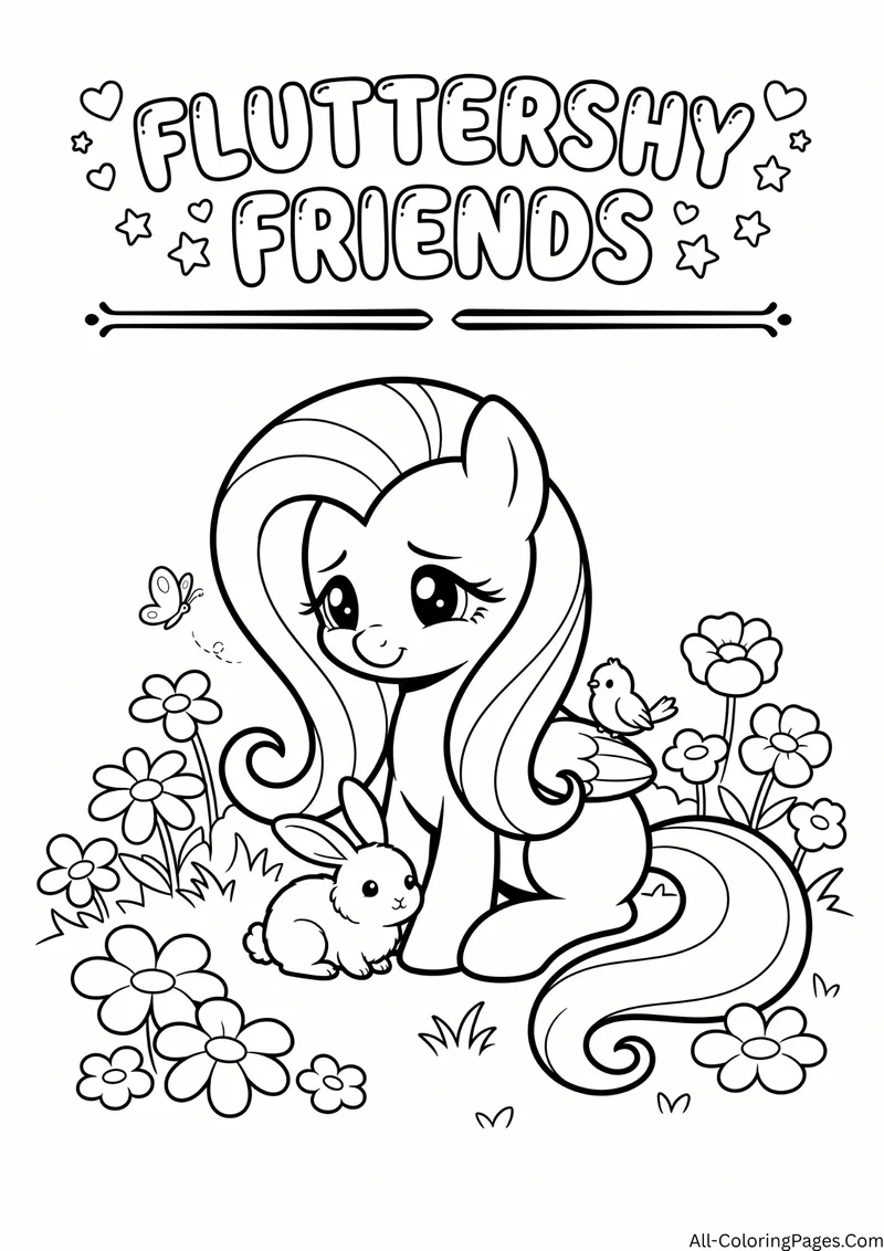 Fluttershy pony sitting among flowers with a bunny and a small bird, with the title Fluttershy Friends