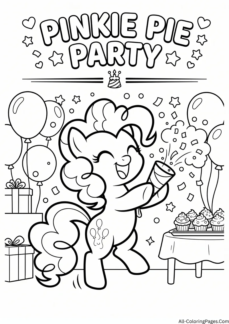 Pinkie Pie pony laughing and popping a party popper with balloons, gifts and cupcakes, with the title Pinkie Pie Party