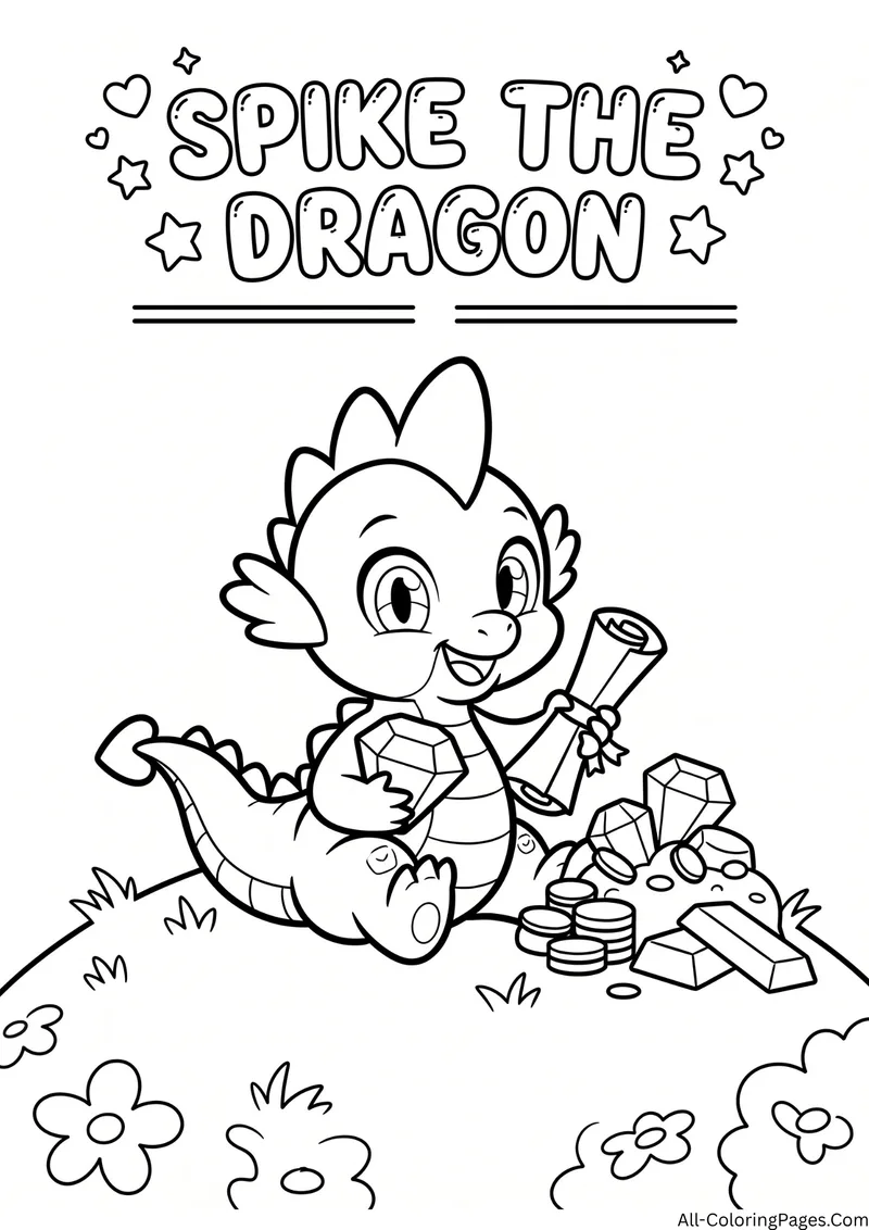 Spike the baby dragon sitting with a scroll, gems and coins on a grassy hill, with the title Spike the Dragon