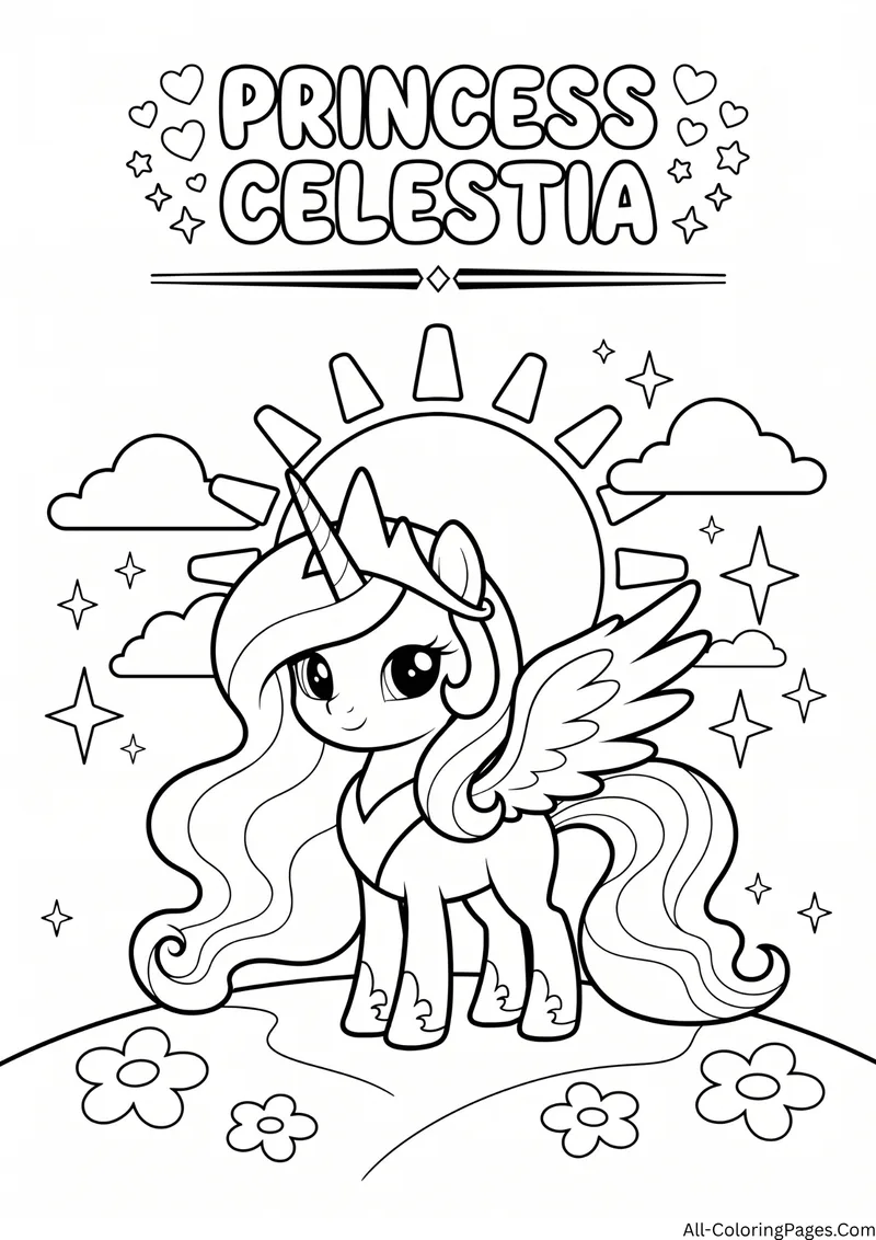 Princess Celestia alicorn with wings spread in front of a rising sun and clouds, with the title Princess Celestia