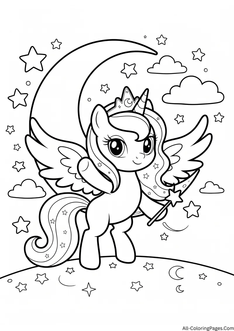Princess Luna alicorn holding a wand in front of a crescent moon with stars and clouds