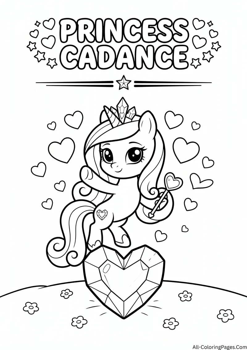 Princess Cadance pony with a crown and wand standing on a large crystal heart among hearts, with the title Princess Cadance
