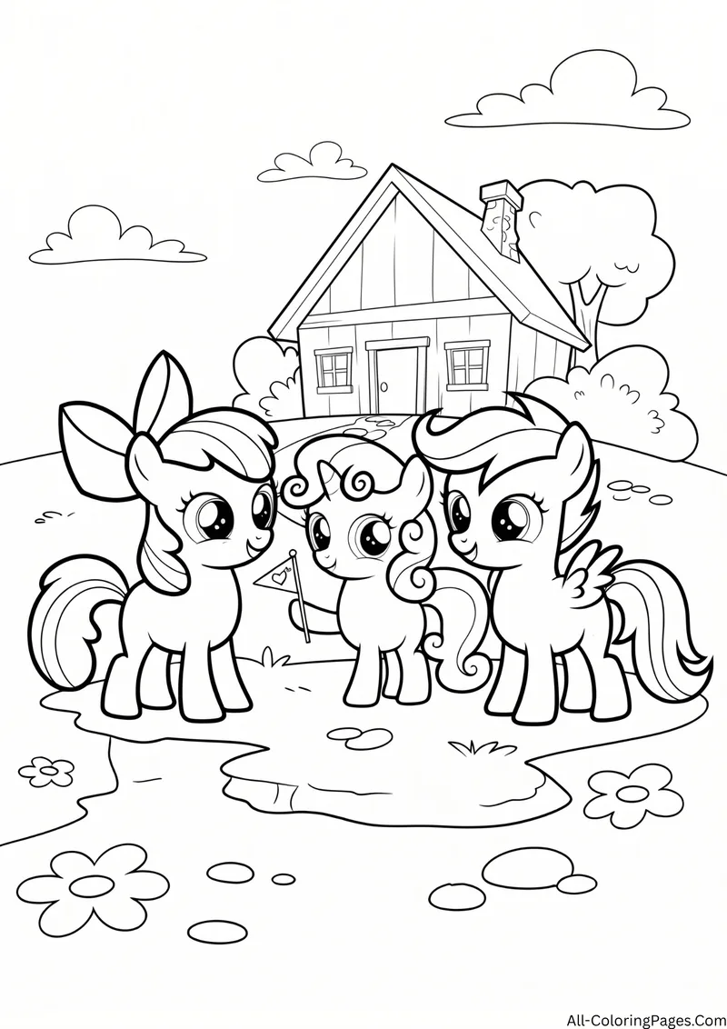 Apple Bloom, Sweetie Belle and Scootaloo standing together in front of a clubhouse