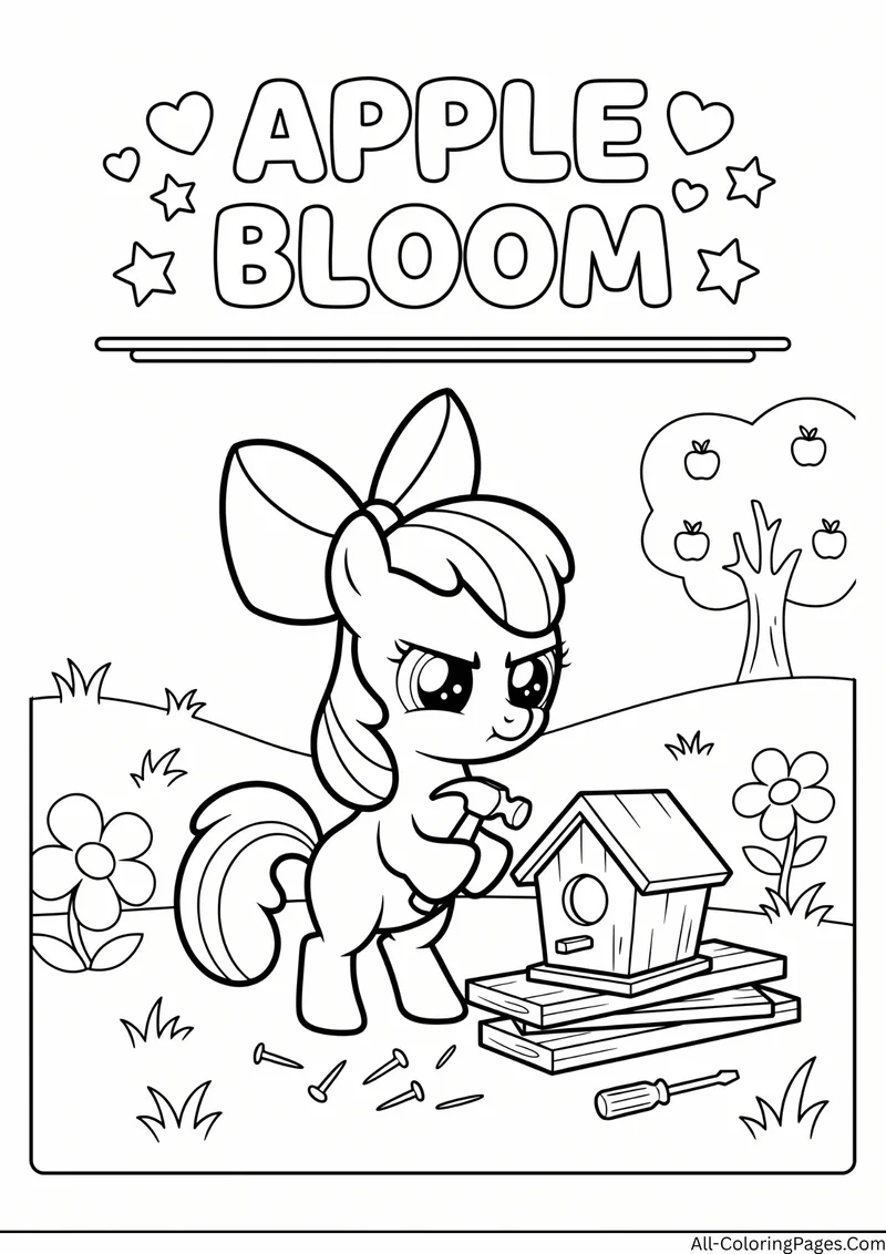 Apple Bloom pony with a big bow building a birdhouse with tools near apple trees, with the title Apple Bloom