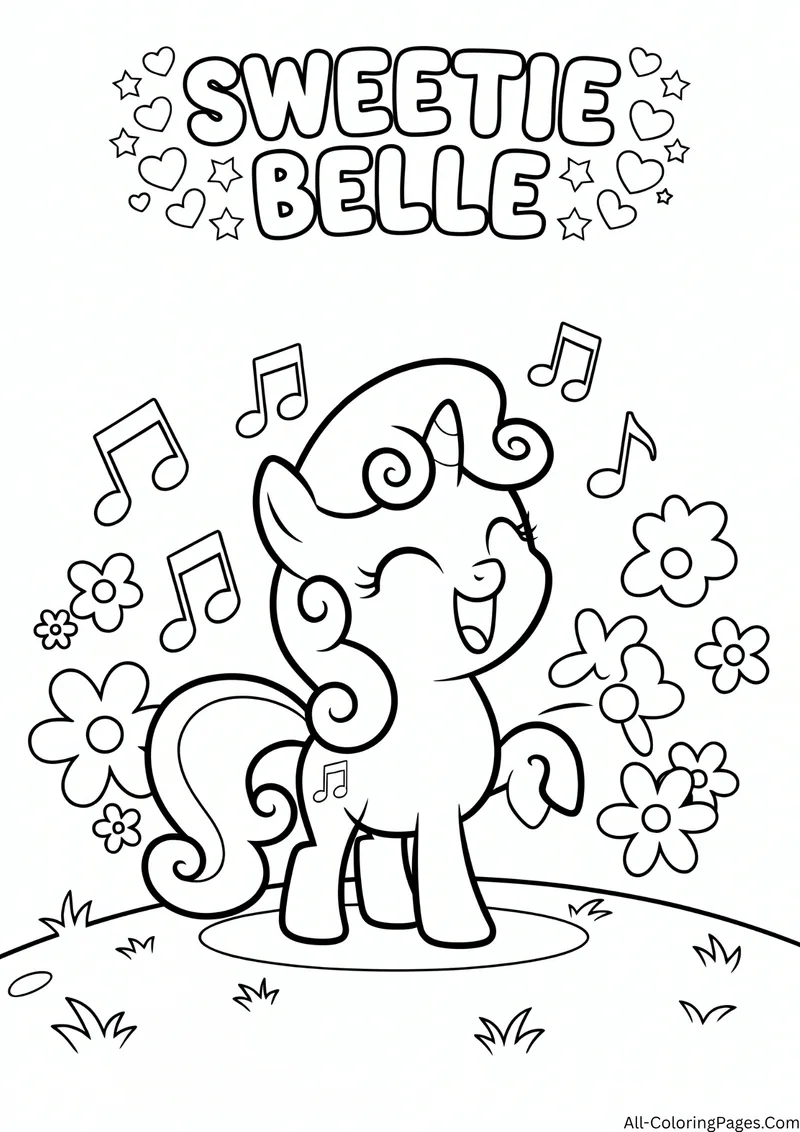 Sweetie Belle unicorn filly singing with music notes and flowers around her, with the title Sweetie Belle