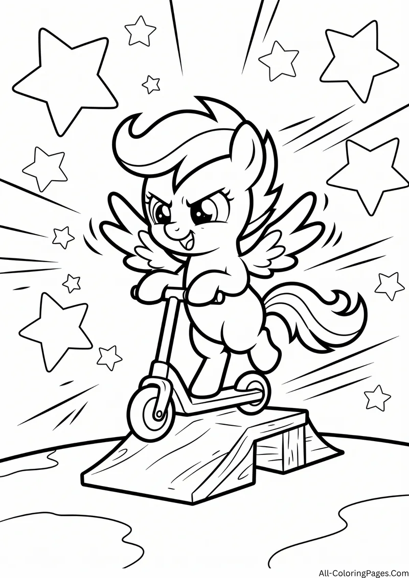Scootaloo pegasus filly riding a scooter off a wooden ramp with stars behind her