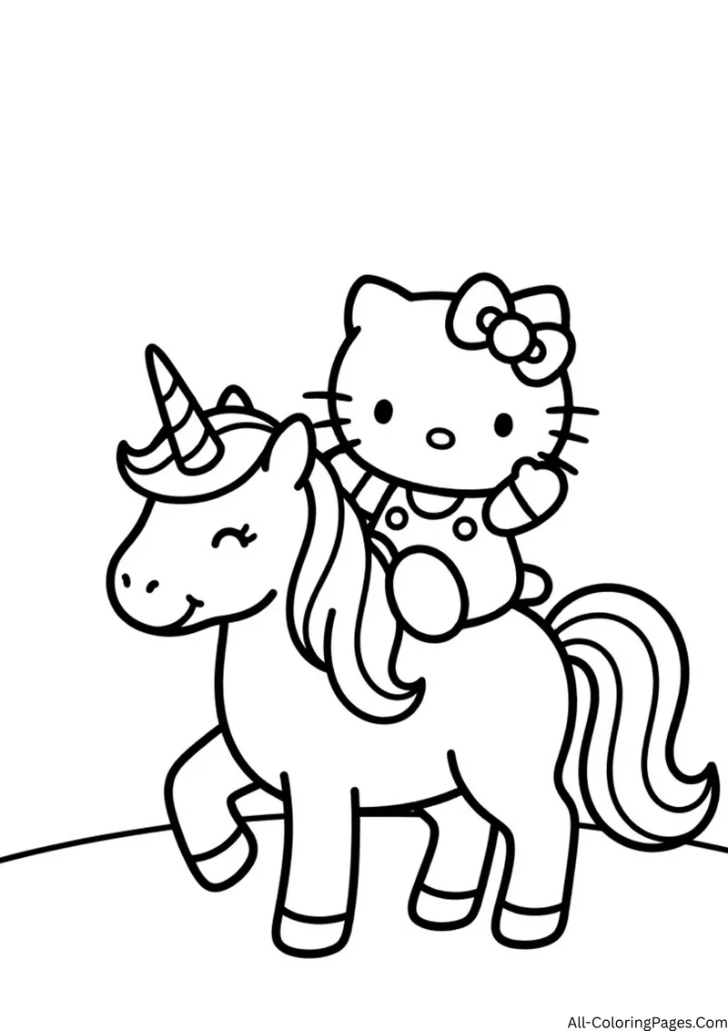 Hello Kitty riding a smiling unicorn with a flowing mane and a spiral horn