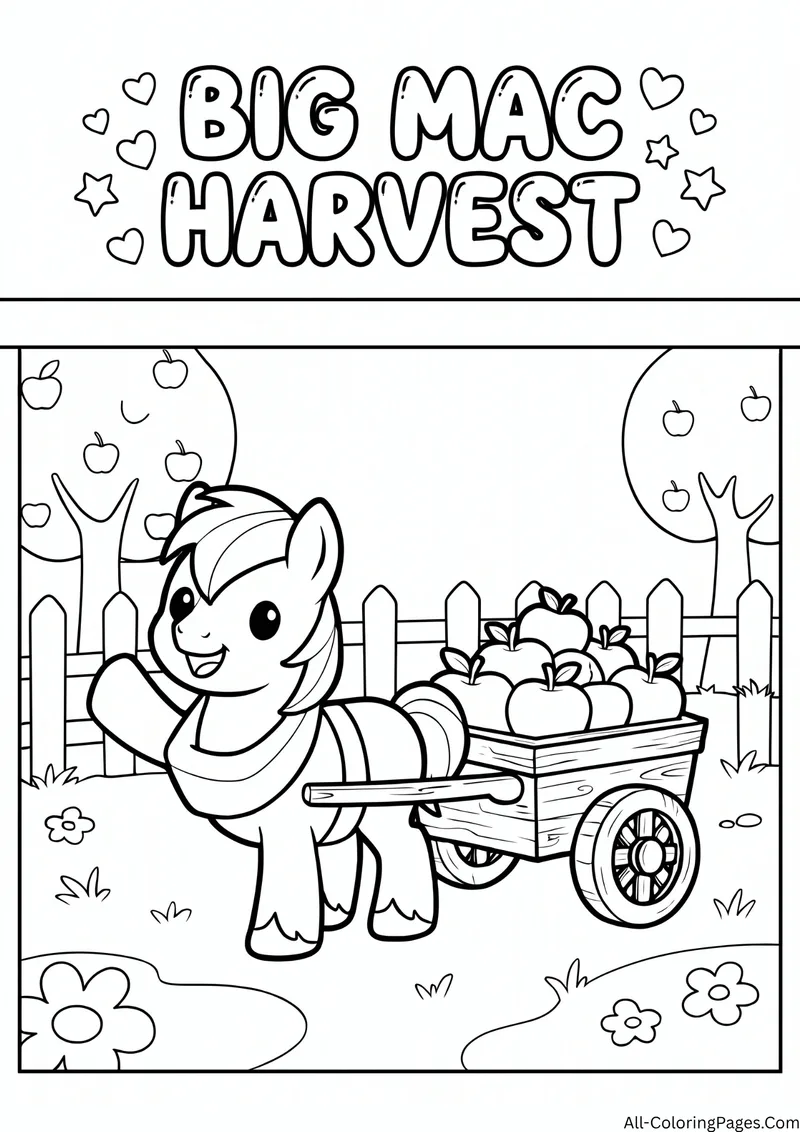 Pony pulling a wooden cart full of apples beside a fence and apple trees, with the title Big Mac Harvest