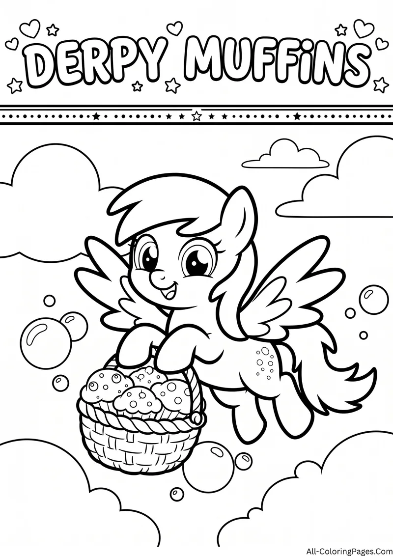 Derpy pegasus pony flying with a basket of muffins among clouds and bubbles, with the title Derpy Muffins