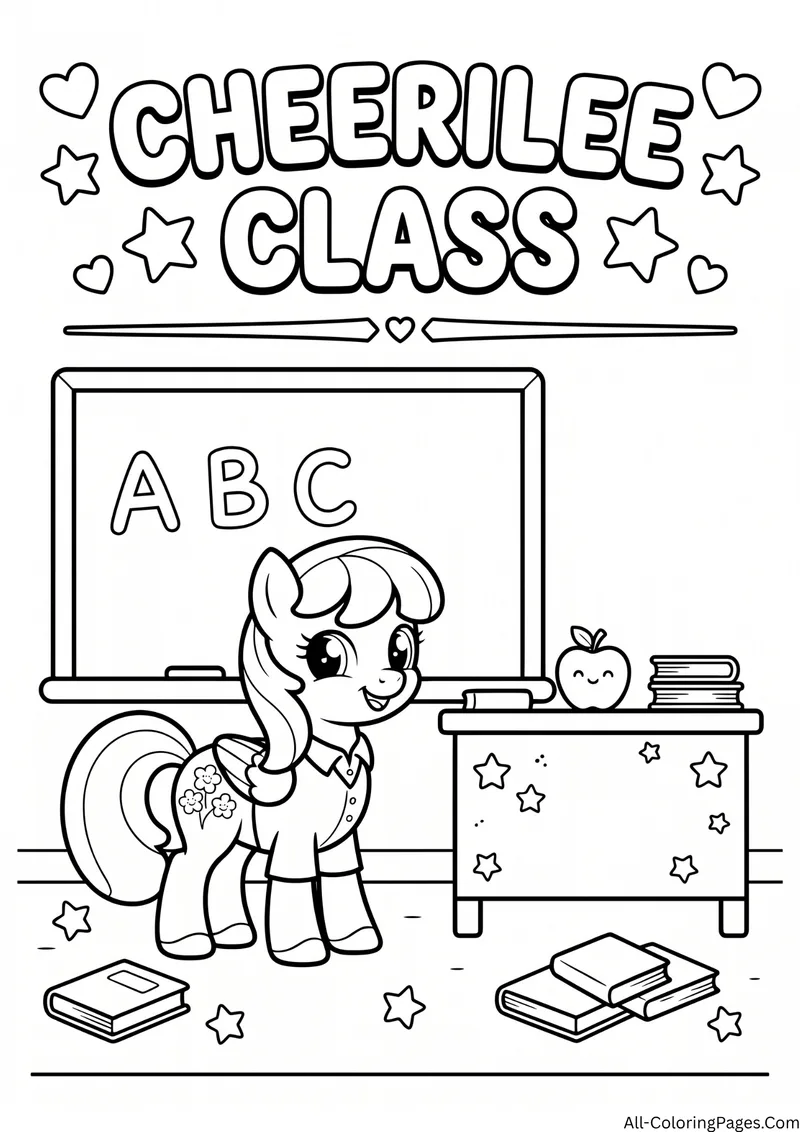 Cheerilee teacher pony standing by a chalkboard with ABC, a desk, an apple and books, with the title Cheerilee Class