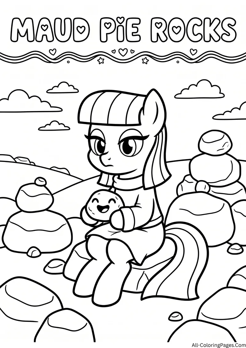 Maud Pie pony sitting on rocks holding a smiling pet rock, with the title Maud Pie Rocks