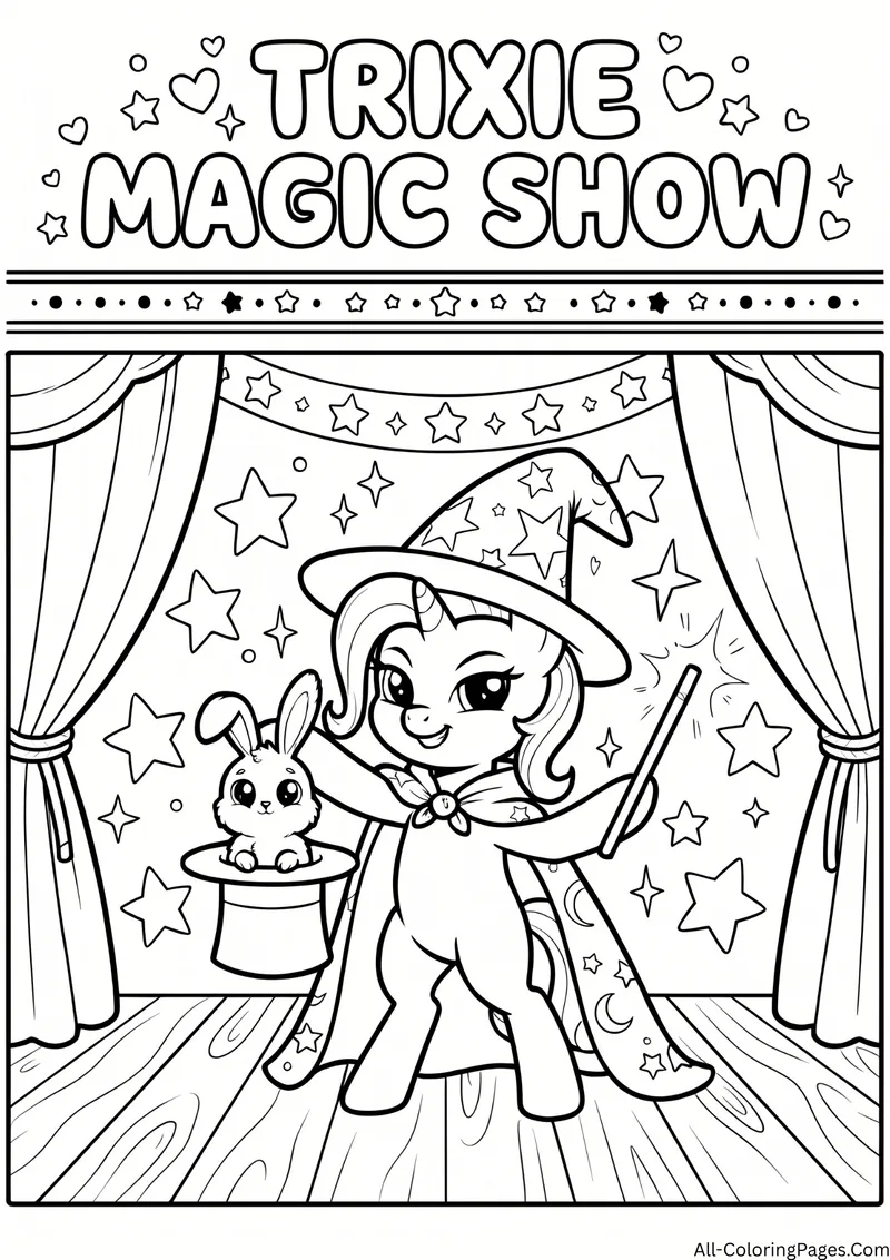 Trixie unicorn in a wizard hat and cape performing magic on a stage with a bunny in a top hat, with the title Trixie Magic Show