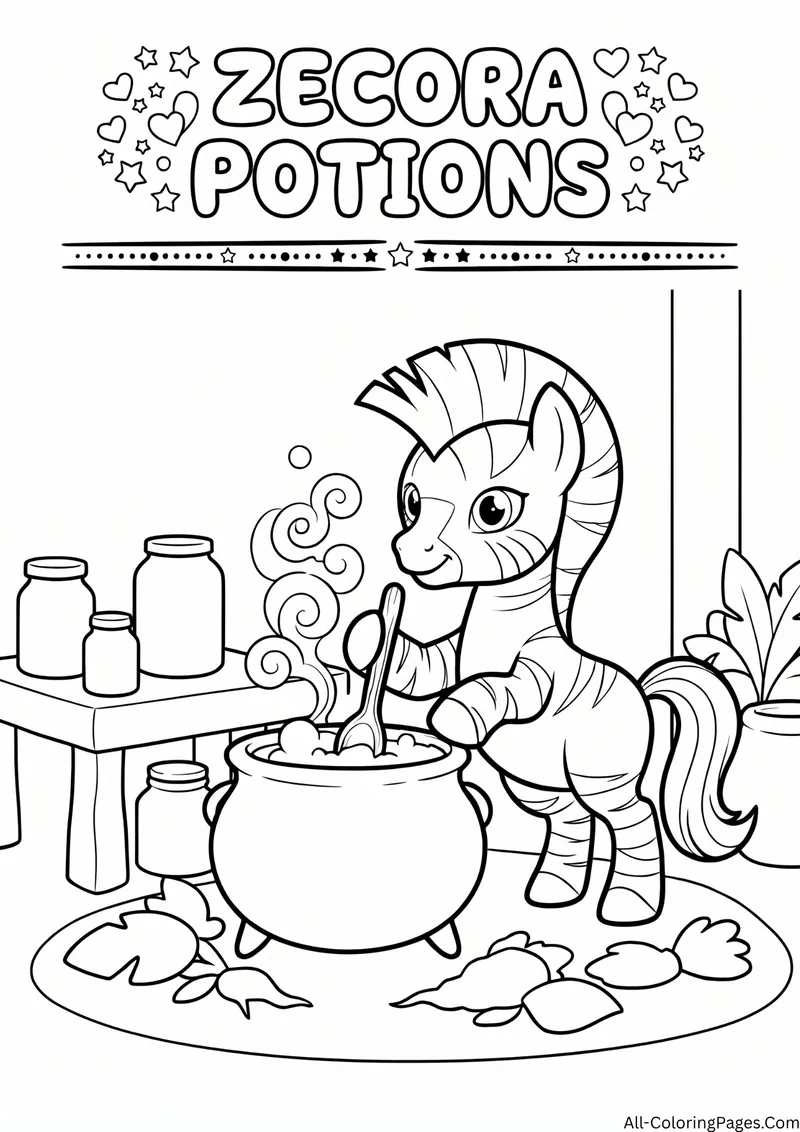 Zecora zebra stirring a bubbling cauldron with jars on a shelf, with the title Zecora Potions