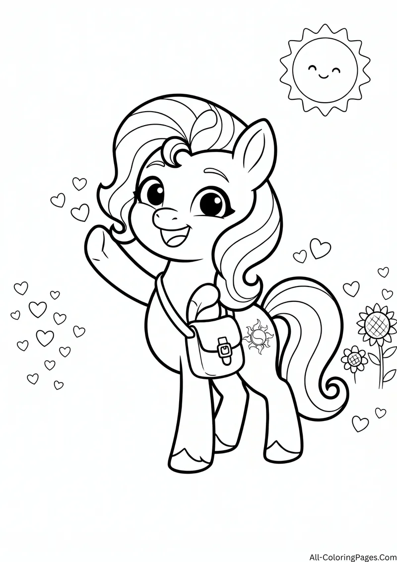 Sunny Starscout earth pony waving with a satchel bag, a sun, hearts and sunflowers