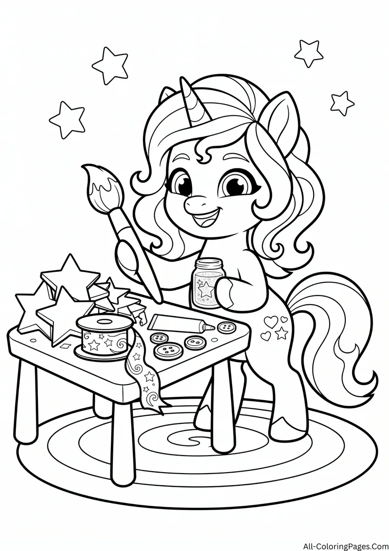 Izzy Moonbow unicorn painting star crafts at a small table with jars and buttons