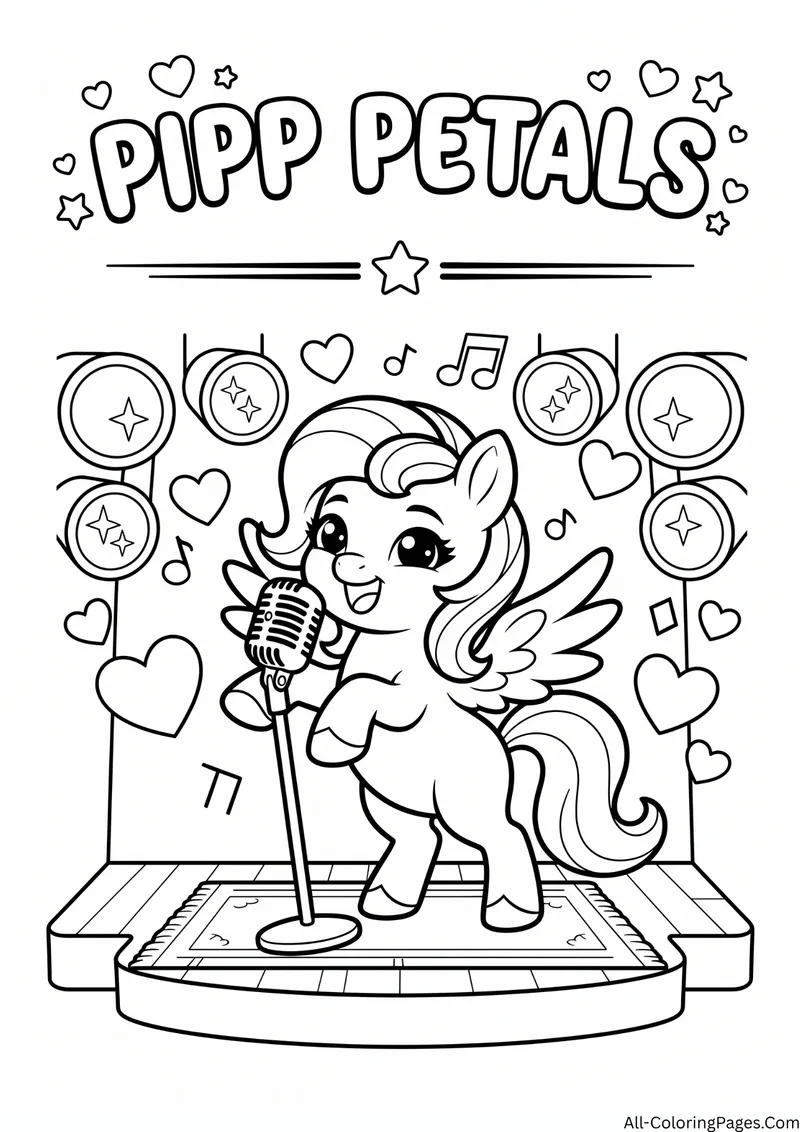 Pipp Petals pegasus singing into a microphone on a stage with lights and hearts, with the title Pipp Petals