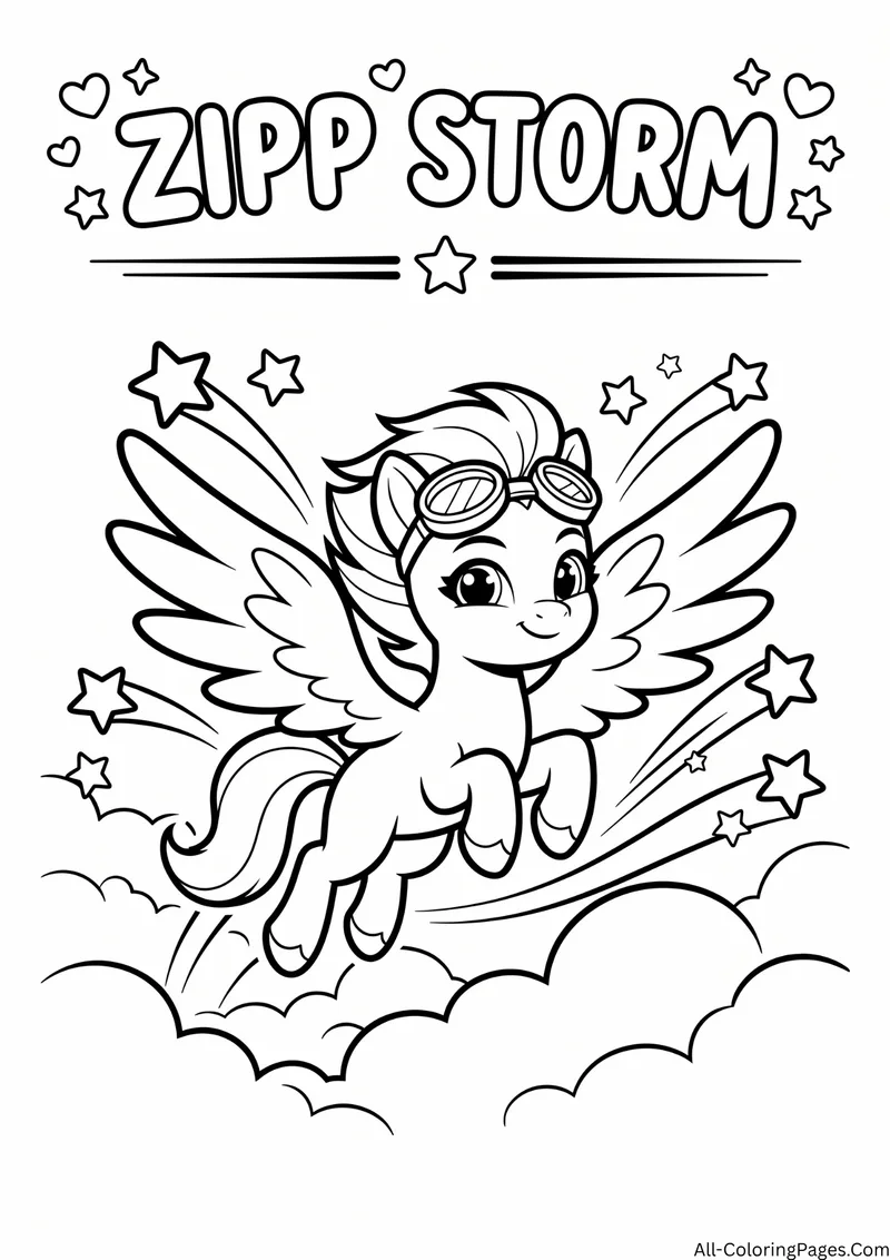 Zipp Storm pegasus wearing goggles flying fast through stars and clouds, with the title Zipp Storm