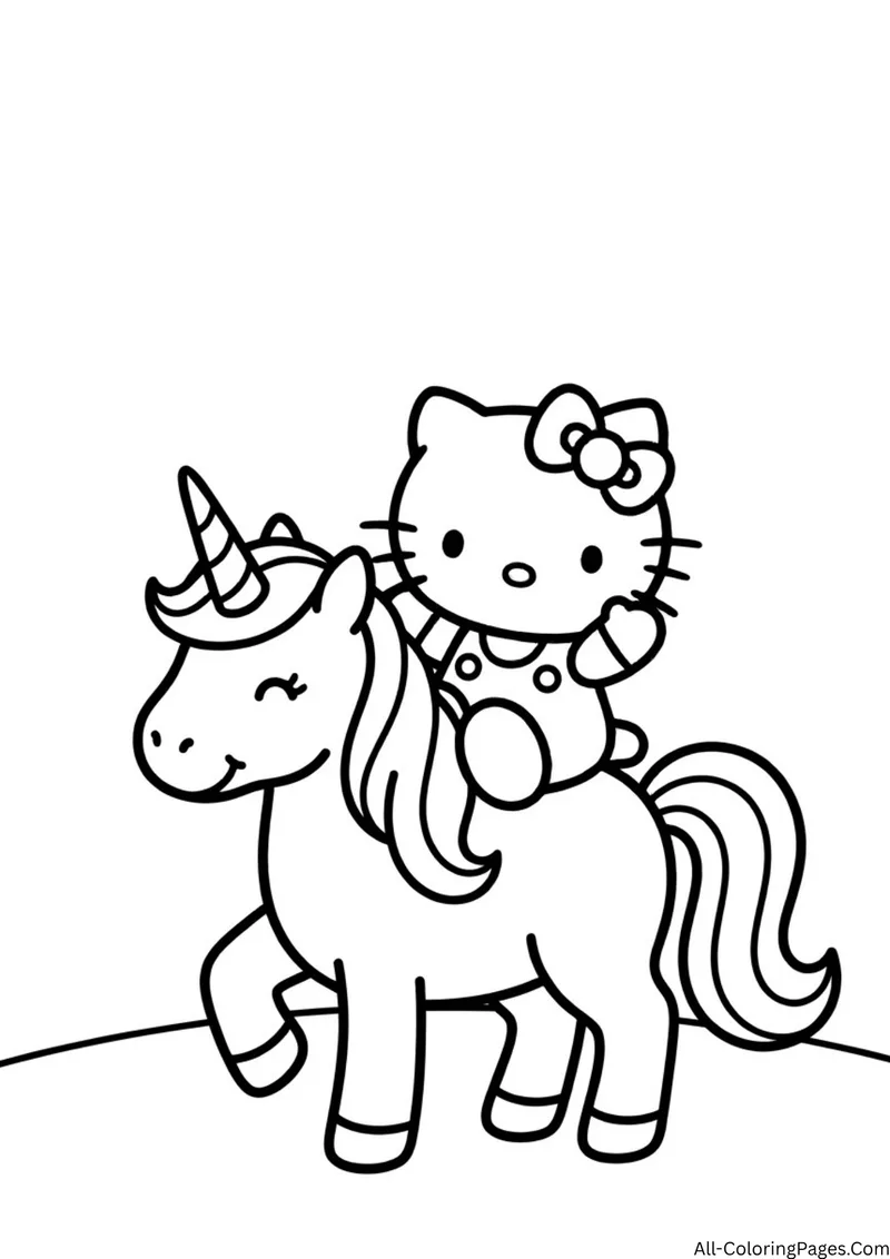 Small Hello Kitty sitting on a prancing unicorn with a long wavy tail