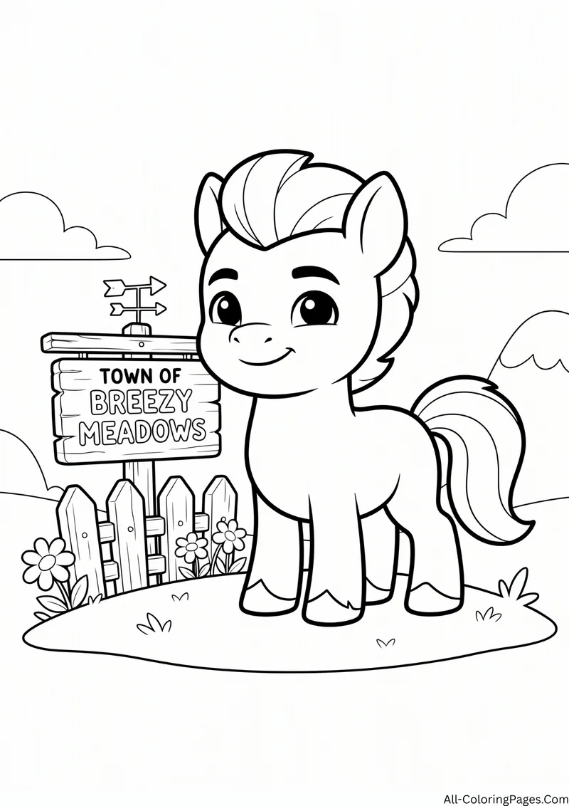 Hitch earth pony standing beside a wooden town sign, a fence and flowers