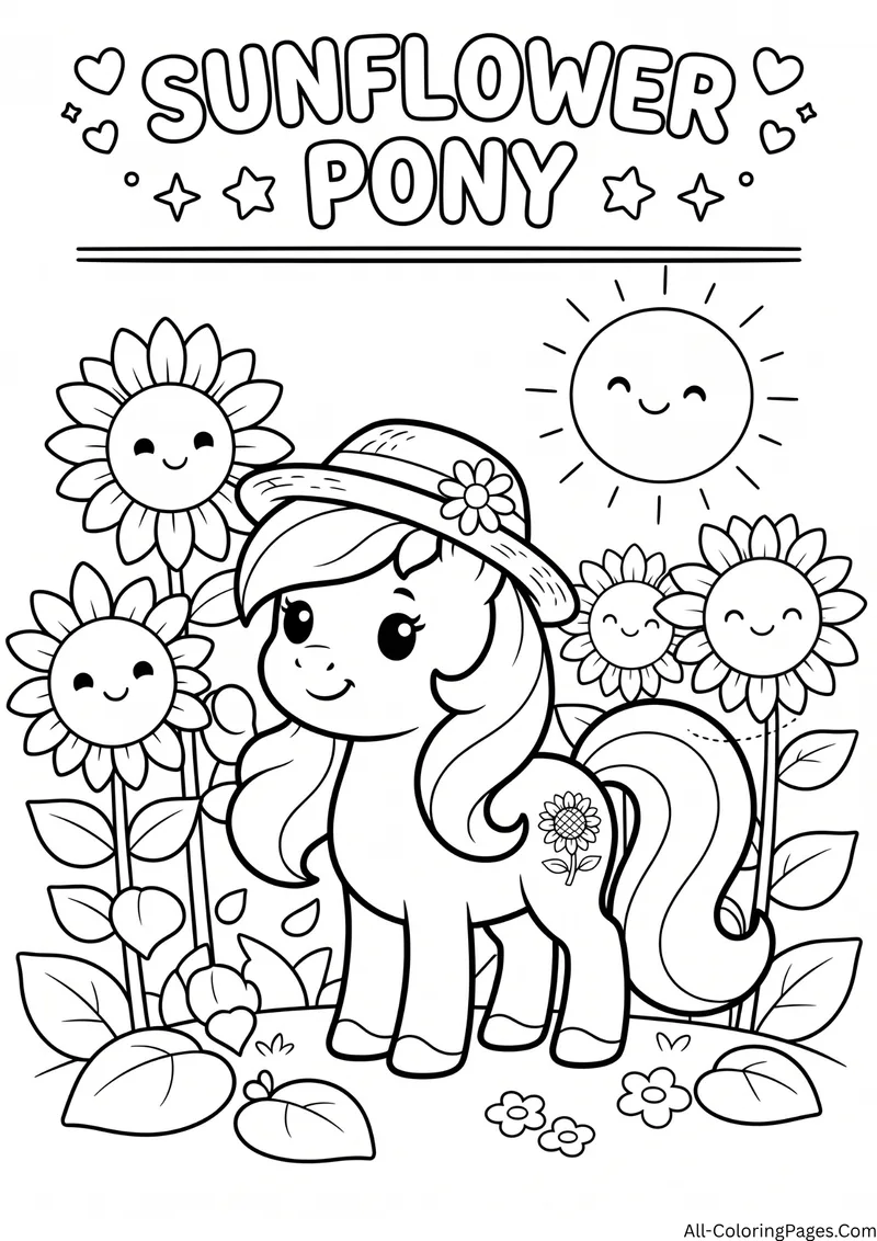 Pony in a straw hat standing among smiling sunflowers under a happy sun, with the title Sunflower Pony