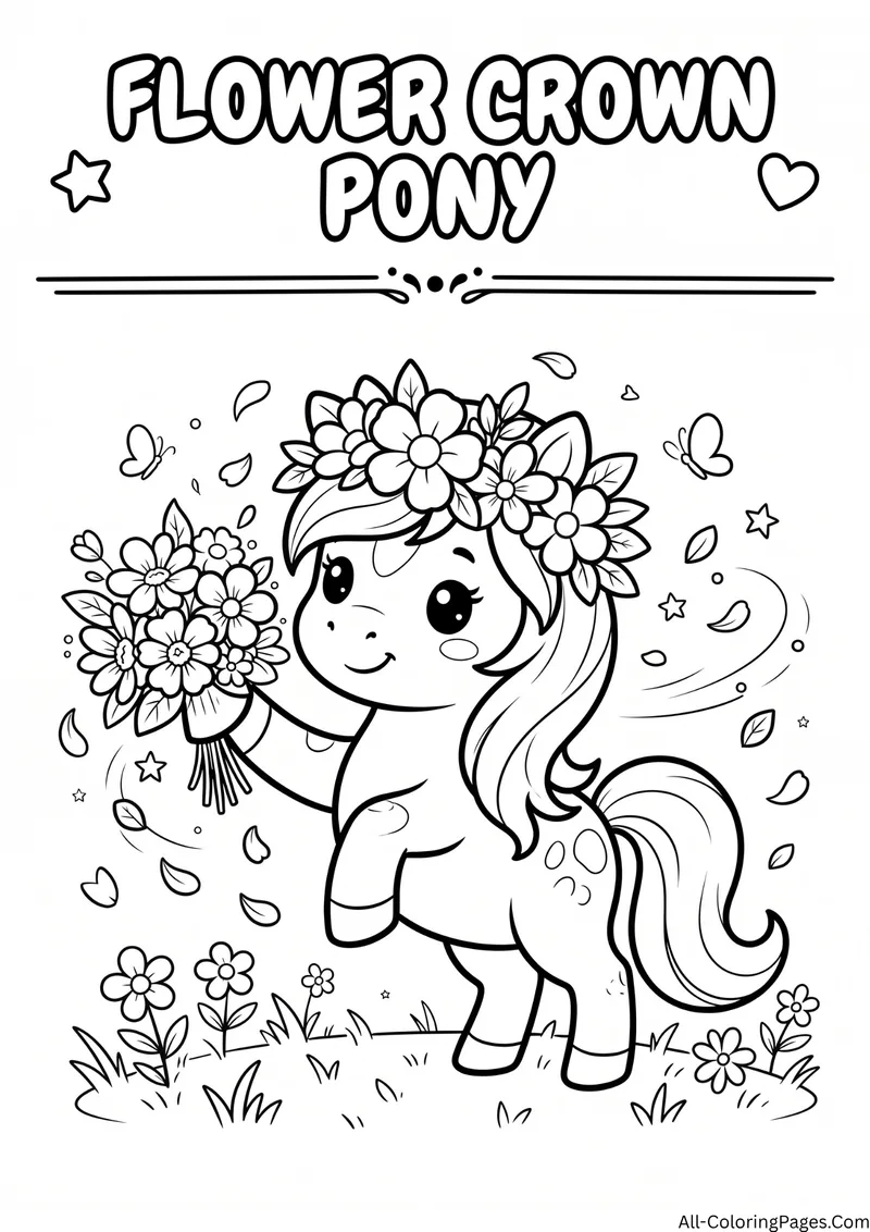 Pony wearing a flower crown holding a bouquet with petals and butterflies, with the title Flower Crown Pony