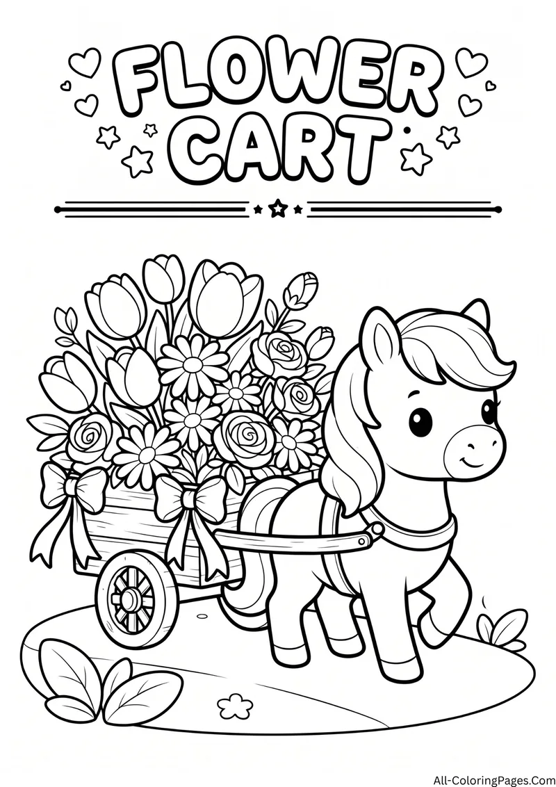 Pony pulling a wooden cart full of tulips, roses and bows, with the title Flower Cart