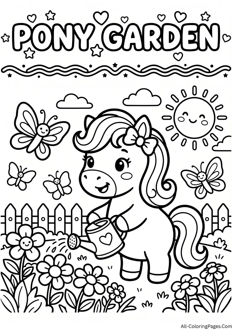 Pony with a bow watering flowers with a watering can beside a fence, with butterflies and a sun, with the title Pony Garden