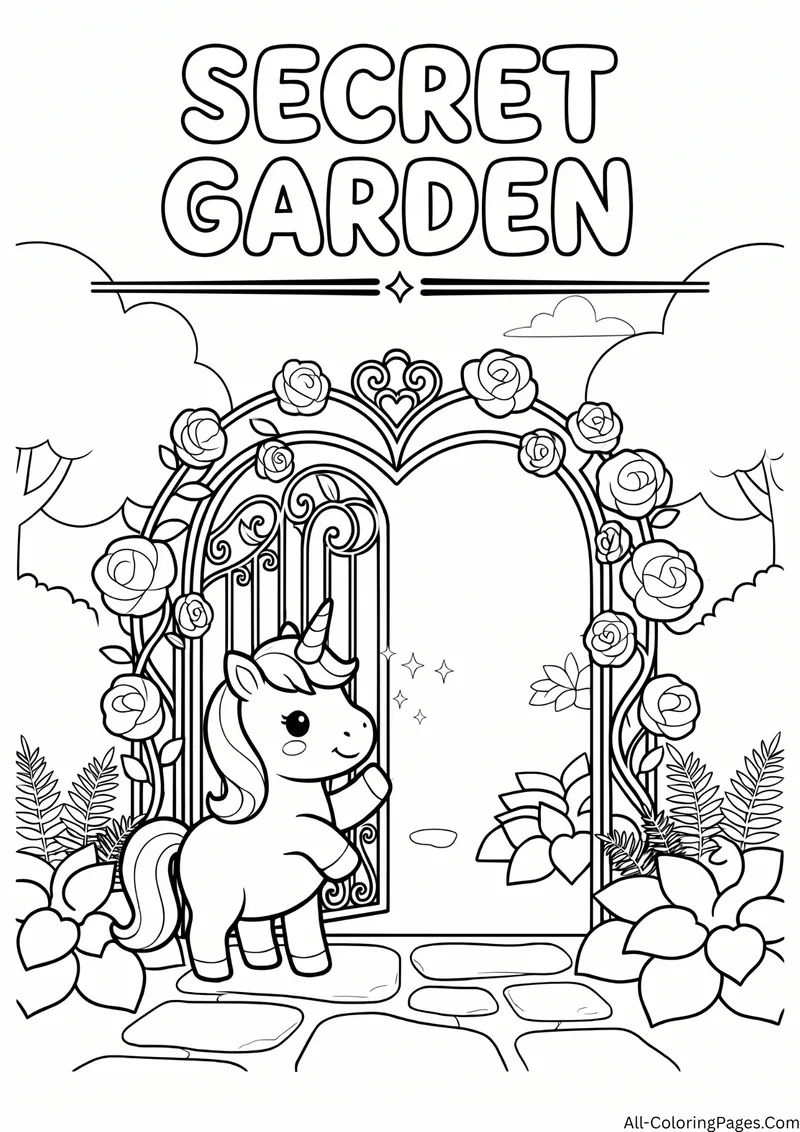 Small unicorn standing at an arched garden gate covered in roses and leaves, with the title Secret Garden
