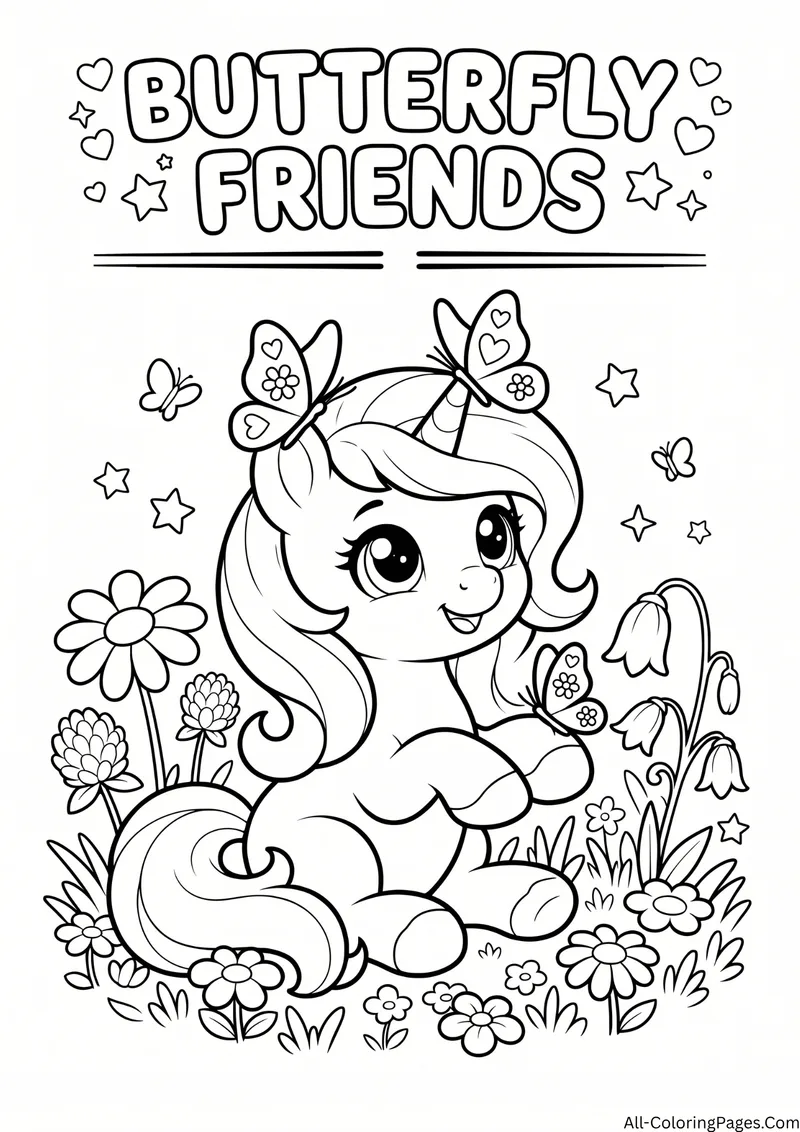 Smiling unicorn with butterflies on her head sitting in a flower meadow, with the title Butterfly Friends