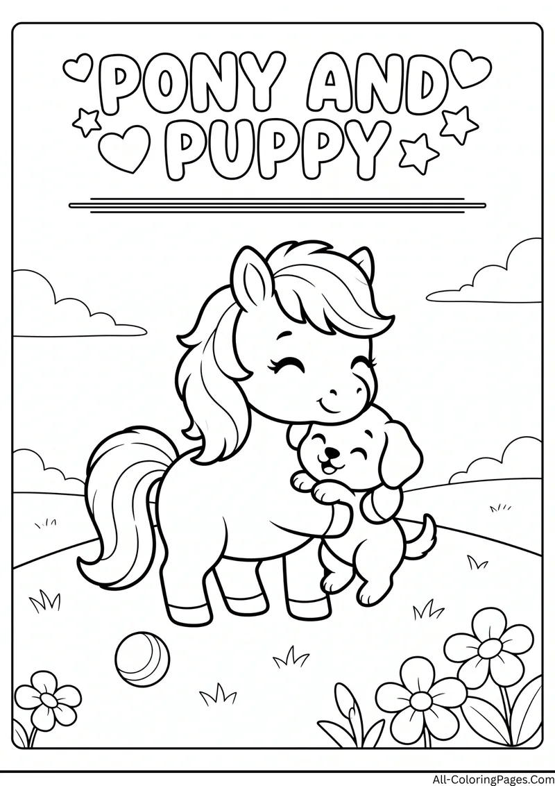 Pony hugging a puppy in a meadow with a ball and flowers inside a frame, with the title Pony and Puppy