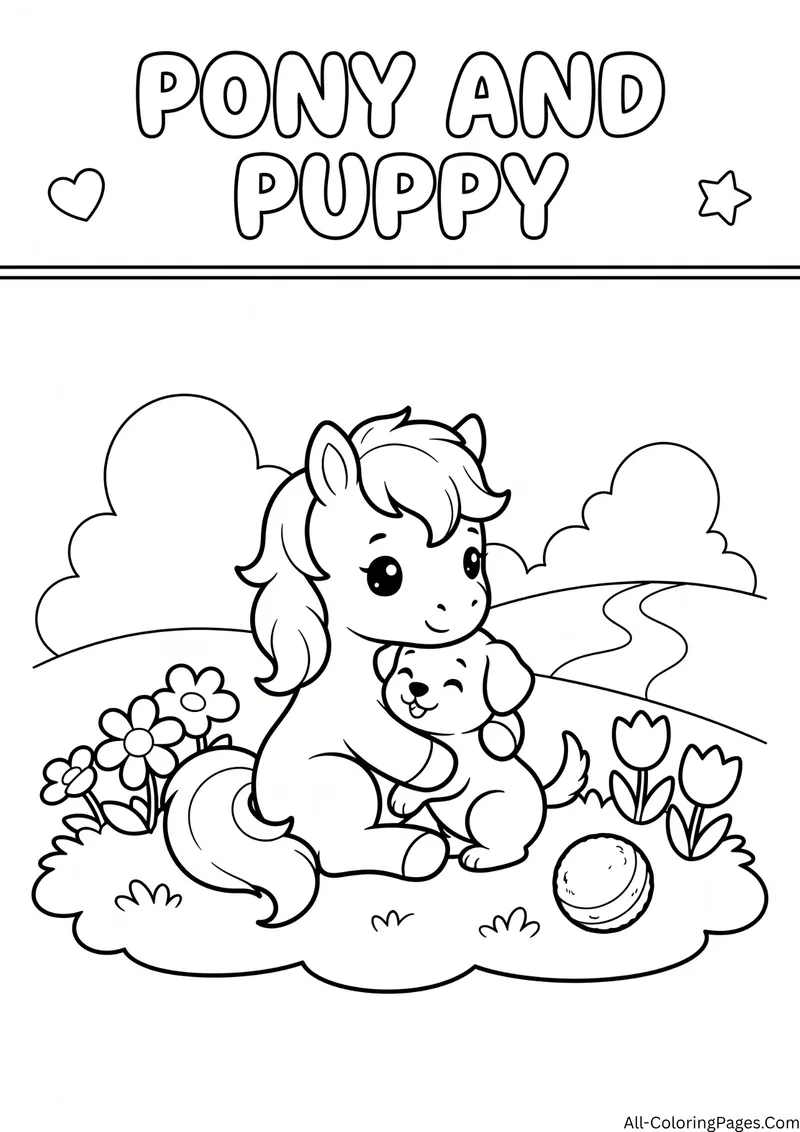 Pony sitting and cuddling a puppy beside flowers, a ball and a path, with the title Pony and Puppy