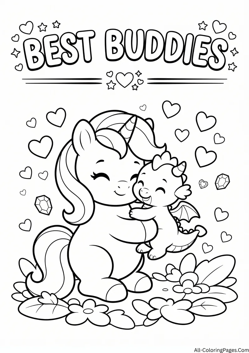 Smiling unicorn hugging a baby dragon surrounded by hearts and gems, with the title Best Buddies