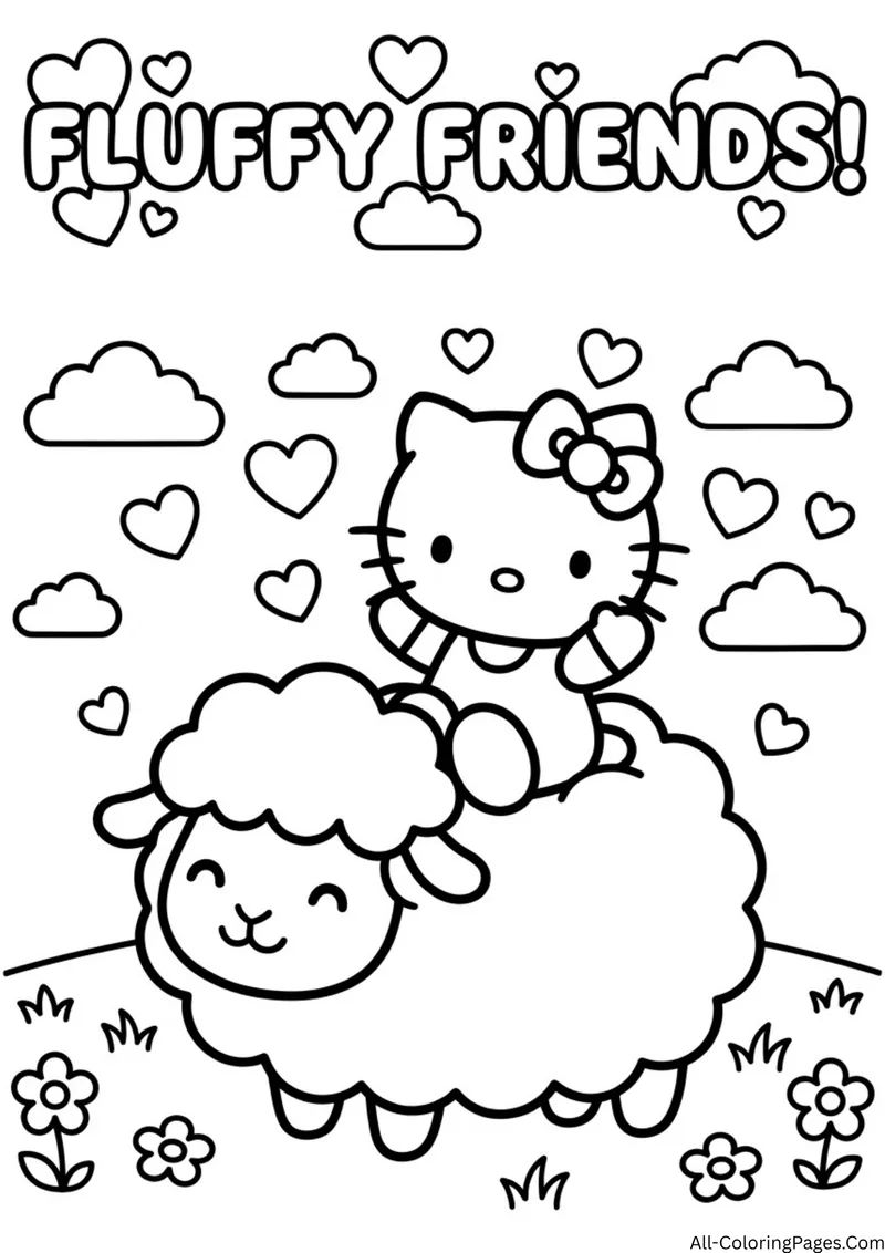 Hello Kitty sitting on a smiling fluffy sheep surrounded by clouds, hearts and flowers