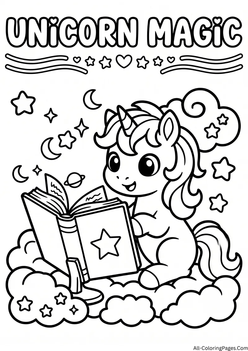 Unicorn sitting on a cloud reading a star book with moons and stars around, with the title Unicorn Magic