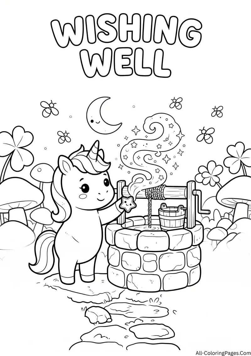 Unicorn holding a star beside a stone wishing well with swirling magic and a moon, with the title Wishing Well