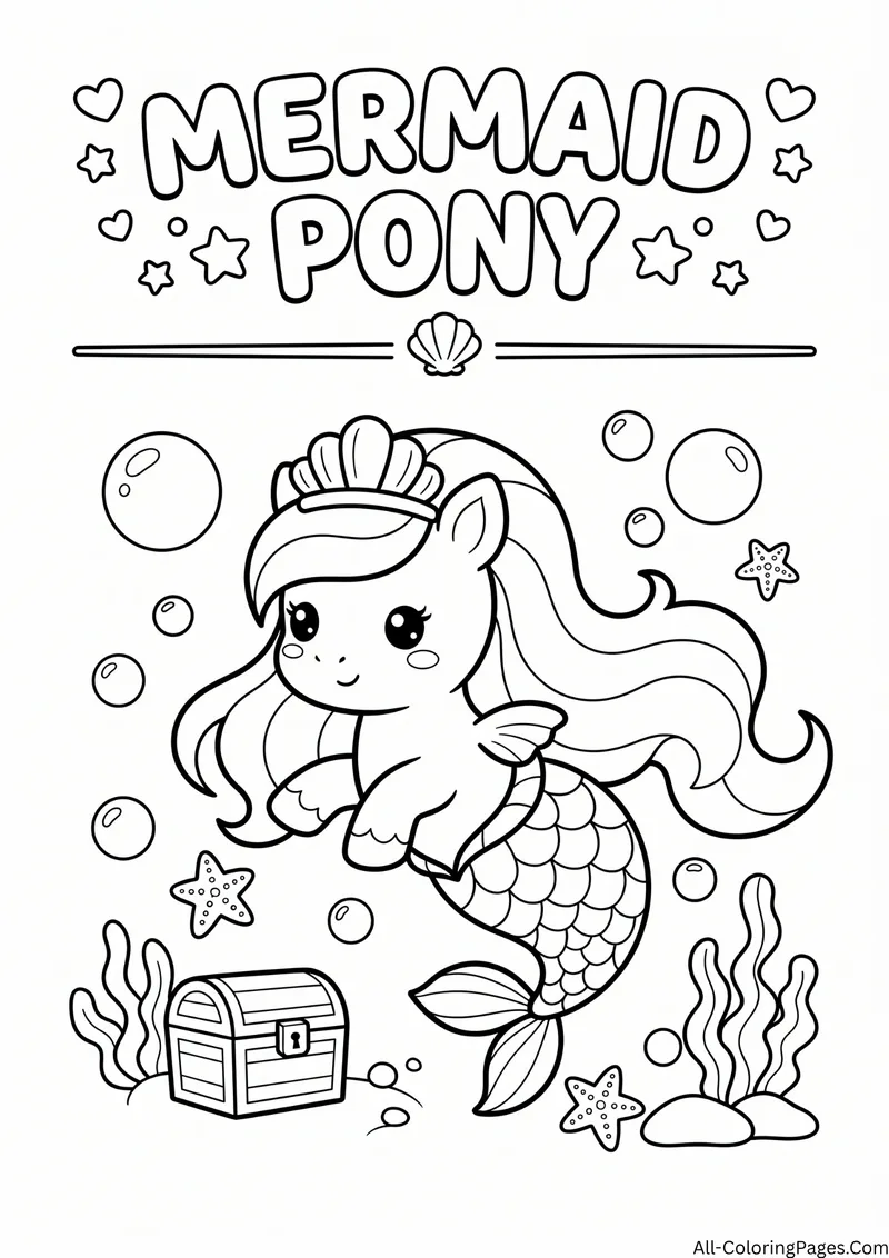 Mermaid pony with a scaly tail and a crown swimming near a treasure chest, starfish and bubbles, with the title Mermaid Pony